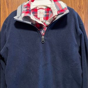 Plaid shirt with navy fleece pullover